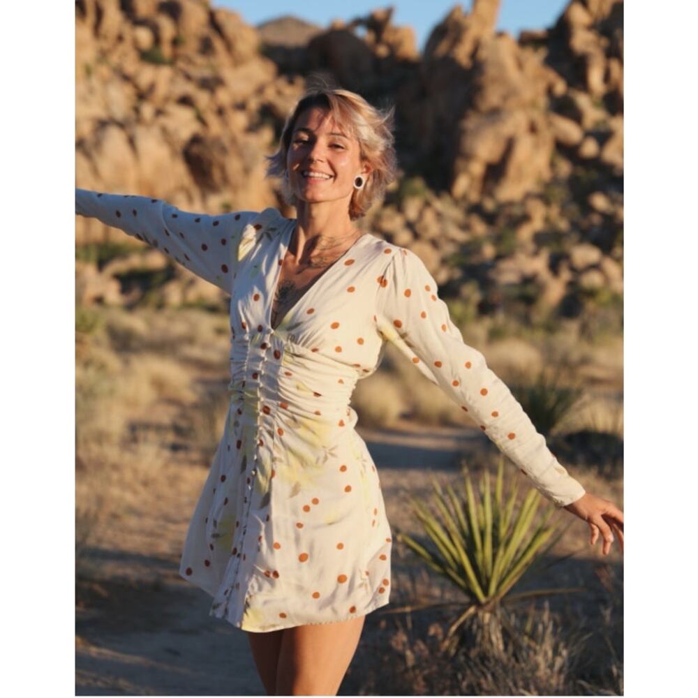 Free People Date Night Mini Dress Sunshine Combo NWT Sz M Boho Long Sleeve Dress
